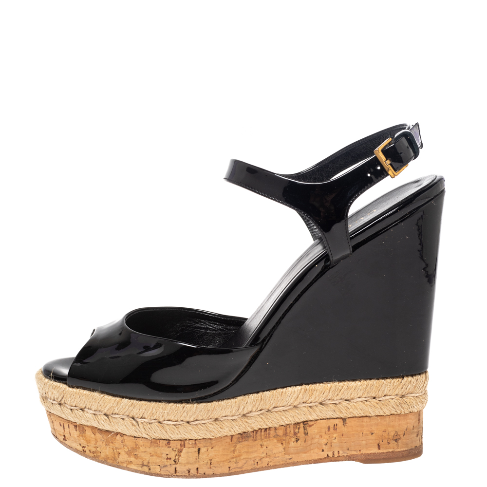 

Gucci Black Patent Leather Cork And Espadrille Wedge Sandals Size