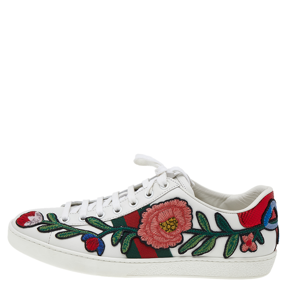 

Gucci White Floral Embroidered Leather Ace Low Top Sneakers Size