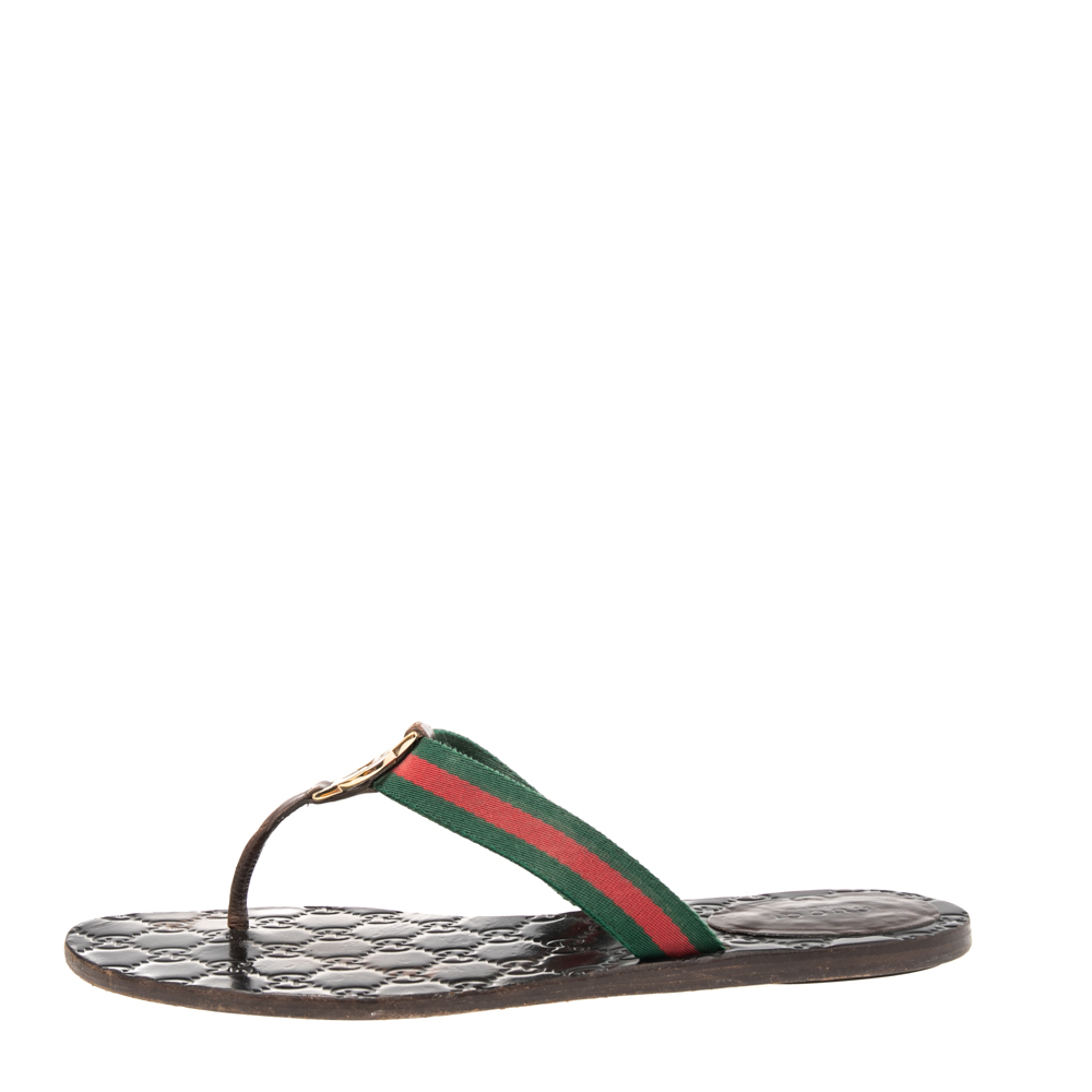 

Gucci Brown Gucissima Leather and Canvas GG Thong Web Sandals Size