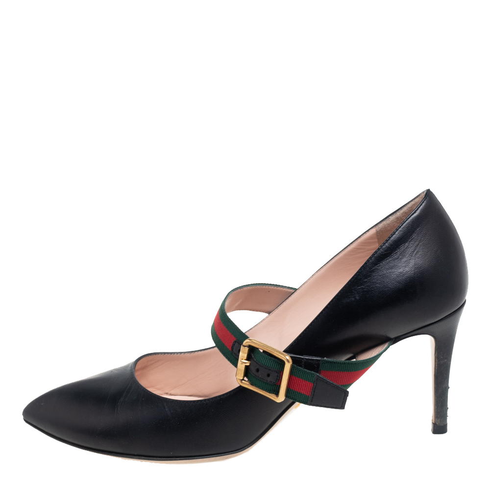 

Gucci Black Leather Sylvie Web Strap Pumps Size