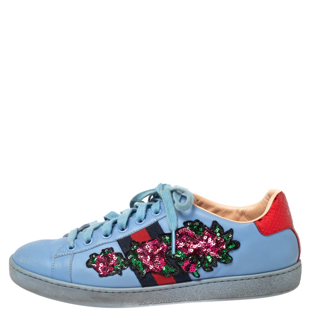 

Gucci Blue Leather Ace Web Floral Embellished Low Top Sneakers Size