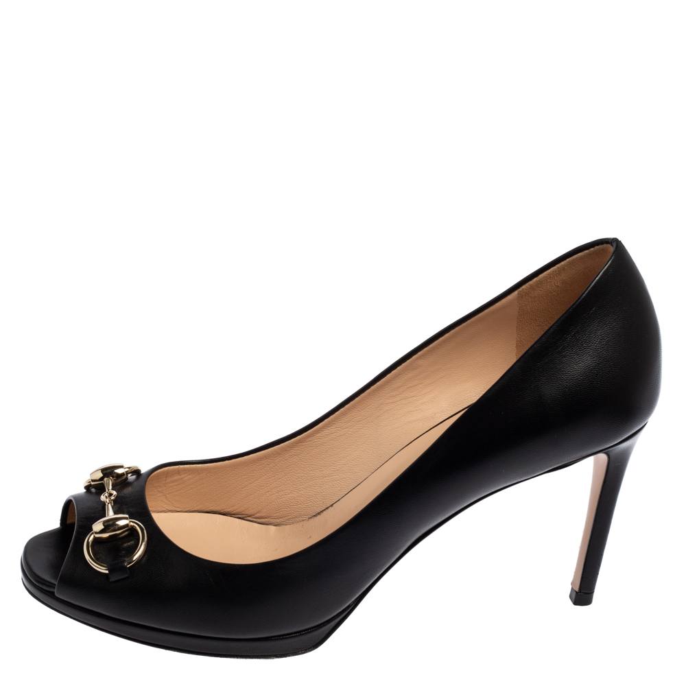 

Gucci Black Leather Jolene Horsebit Peep Toe Pumps Size