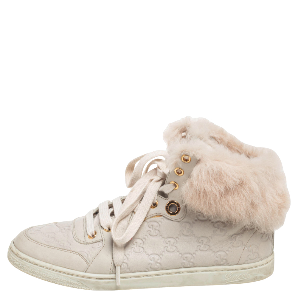 

Gucci Cream/Beige Guccissima Leather Cada Fur Trim High Top Sneakers Size