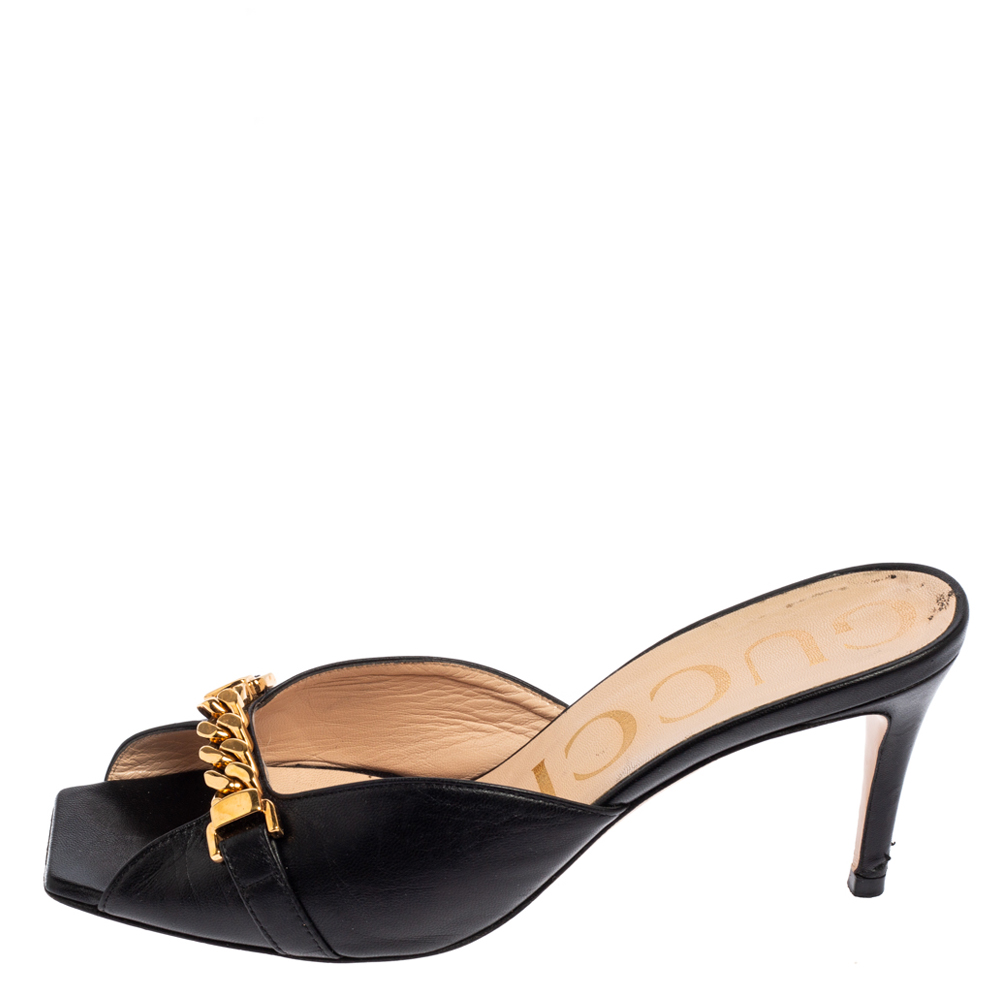 

Gucci Black Leather Sylvie Chain Slide Sandals Size