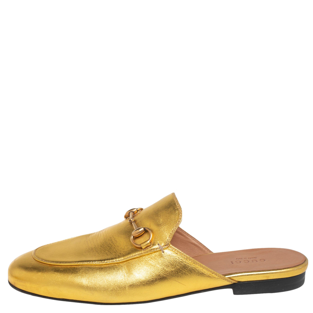 

Gucci Metallic Gold Leather Princetown Mules Size