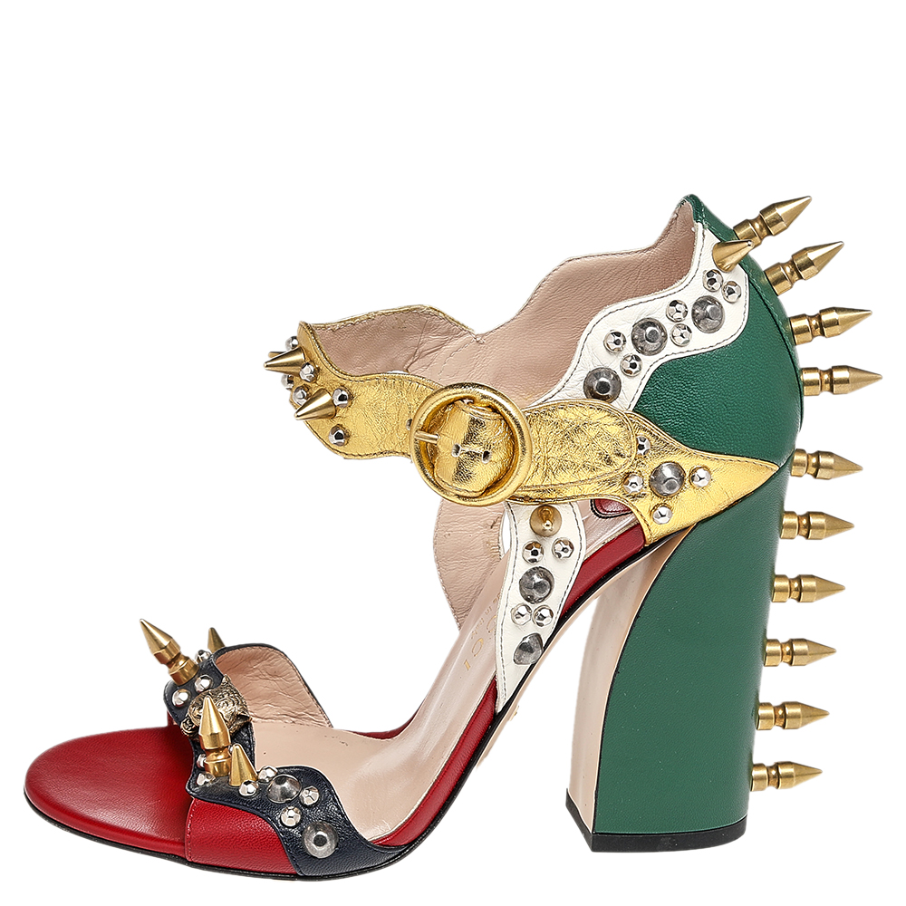 

Gucci Multicolor Leather Studded Block Heel Ankle Strap Sandals Size