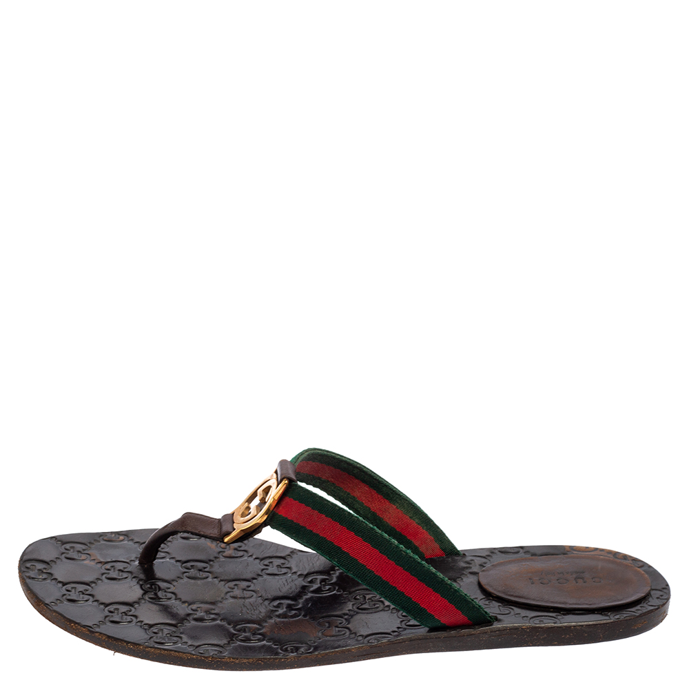 

Gucci Black Leather And Web Strap Interlocking "GG" Thong Sandals Size, Brown