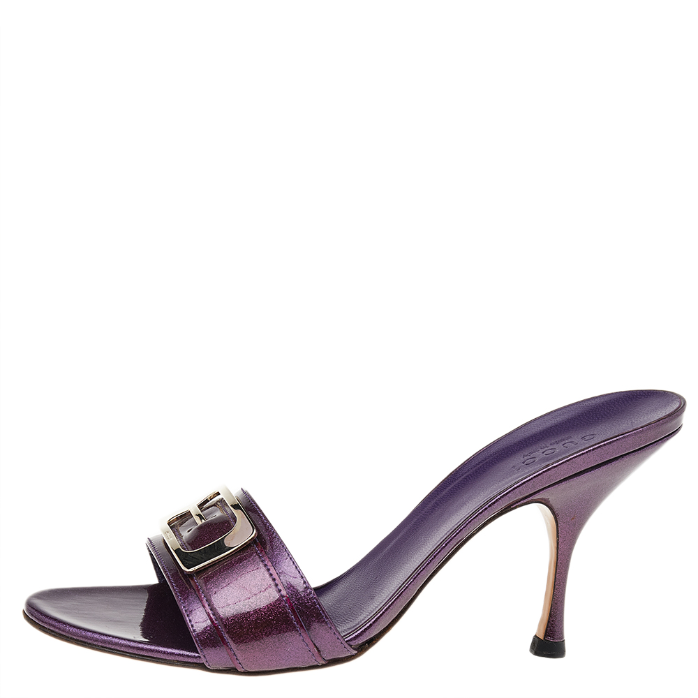 

Gucci Purple Glitter Patent Leather Open Toe Sandals Size