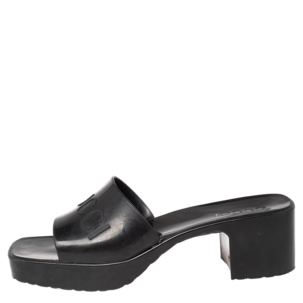 

Gucci Black Rubber Logo Platform Slide Sandals Size