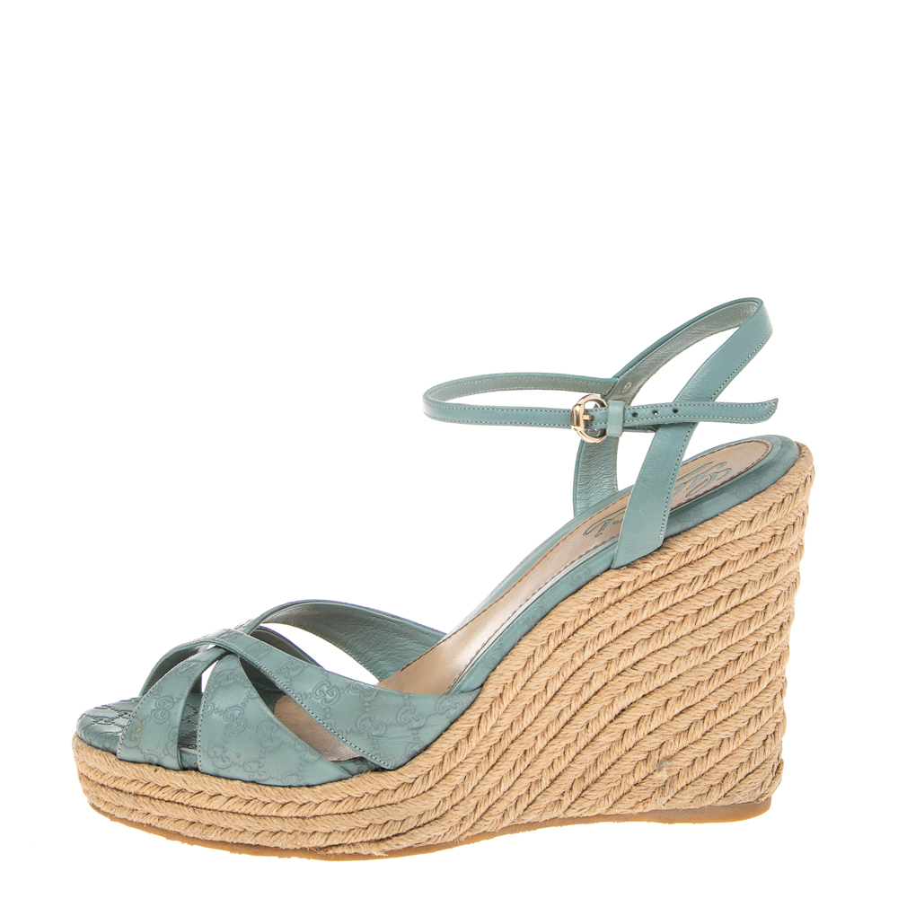 

Gucci Blue Guccissima Leather Ankle Strap Wedge Espadrille Sandals Size