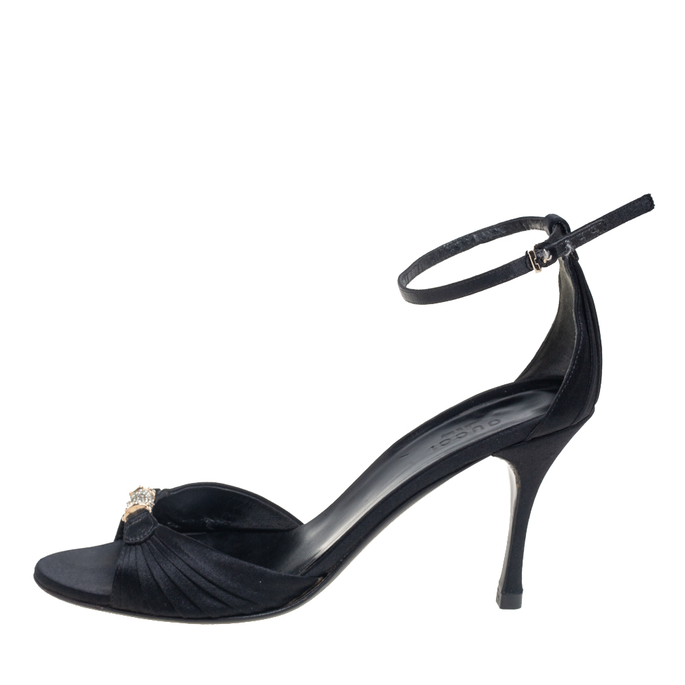 

Gucci Black Satin Embellished Ankle Strap Sandals Size