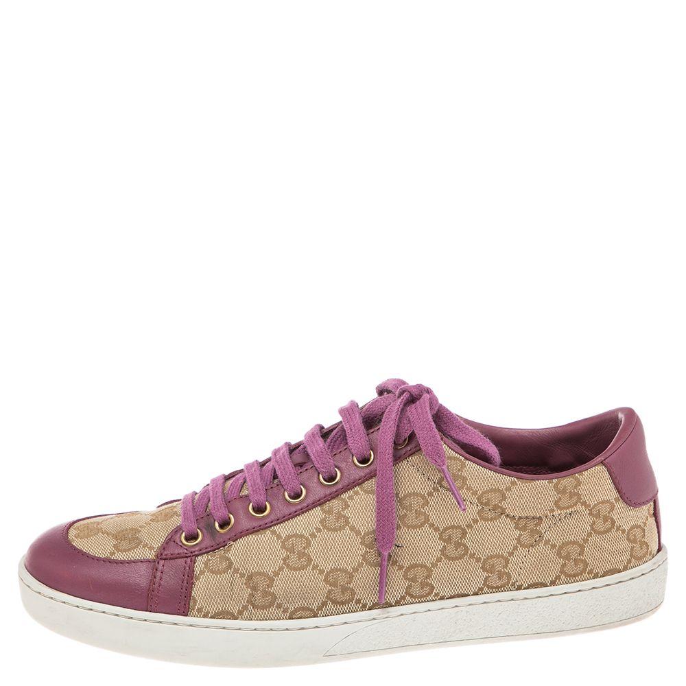 

Gucci Purple/Beige Leather And Guccissima Canvas Low Top Sneakers Size