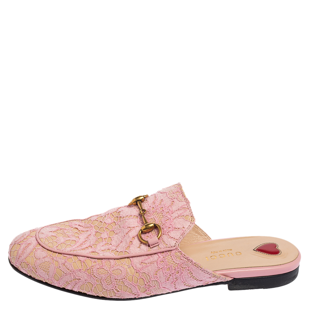 

Gucci Pink Floral Lace And Leather Princetown Flat Mule Sandals Size