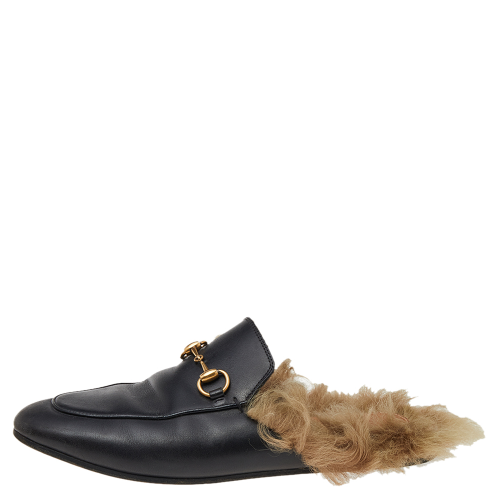 

Gucci Black Leather And Fur Princetown Mules Size