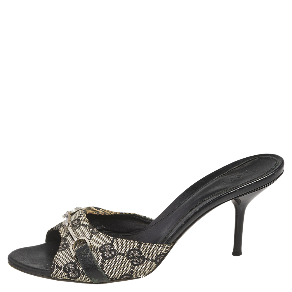 

Gucci Black GG Canvas and Leather Trim Slide Sandals Size