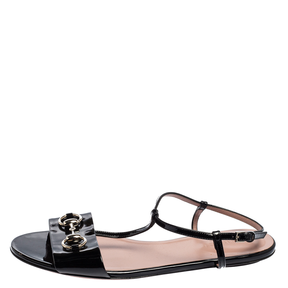 

Gucci Black Patent Leather Horsebit T Strap Flat Sandals Size