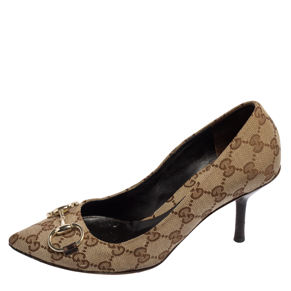 

Gucci Beige GG Canvas Horsebit Pointed Toe Pumps Size