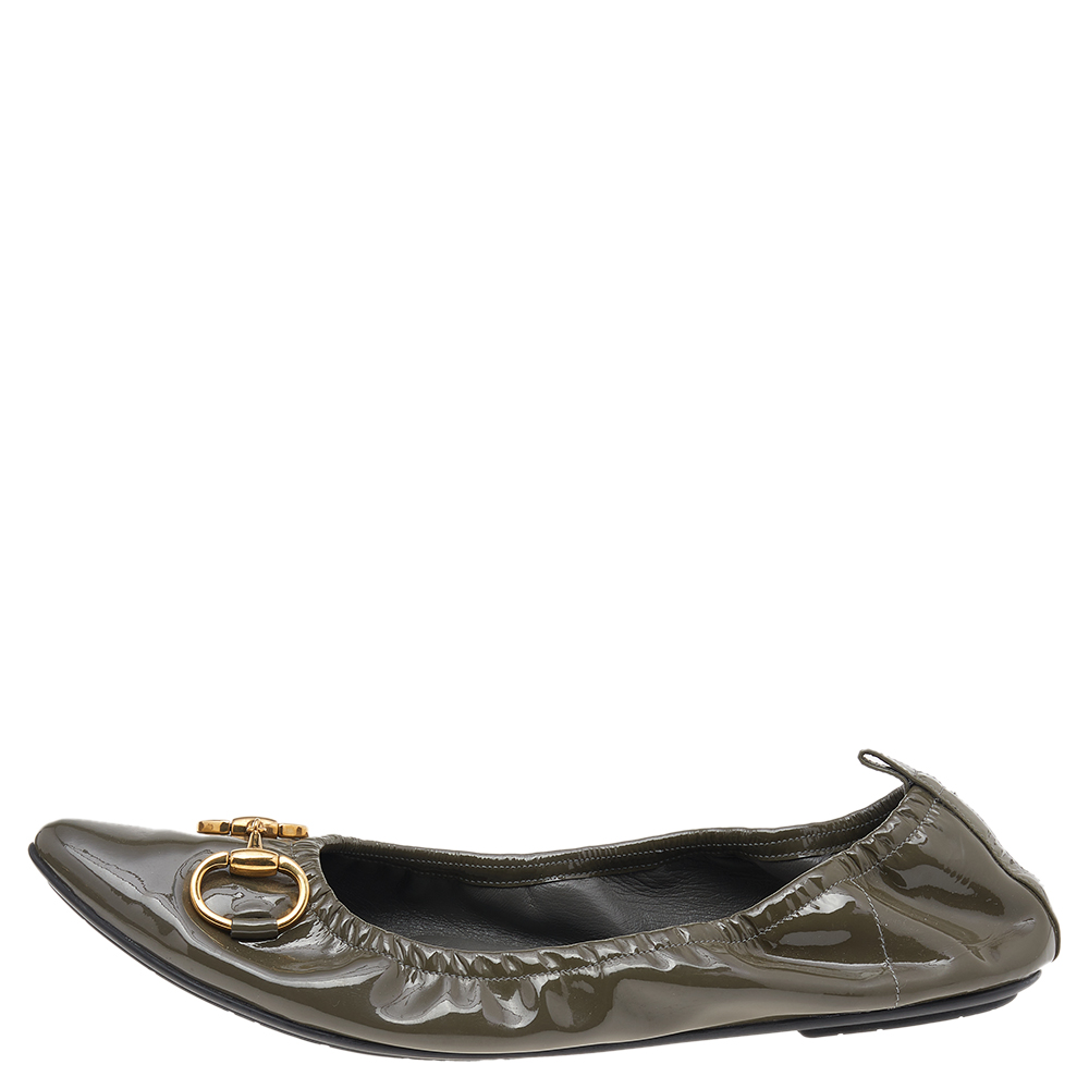 

Gucci Grey Patent Leather Horsebit Pointed Toe Scrunch Ballet Flats Size