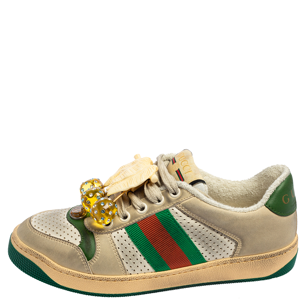 

Gucci Multicolor Perforated Leather and Suede Cherry Embellished Screener Low Top Sneakers Size