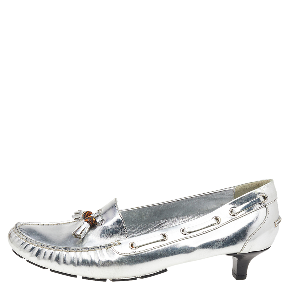 

Gucci Silver Leather Bamboo Tassel Loafer Pumps Size