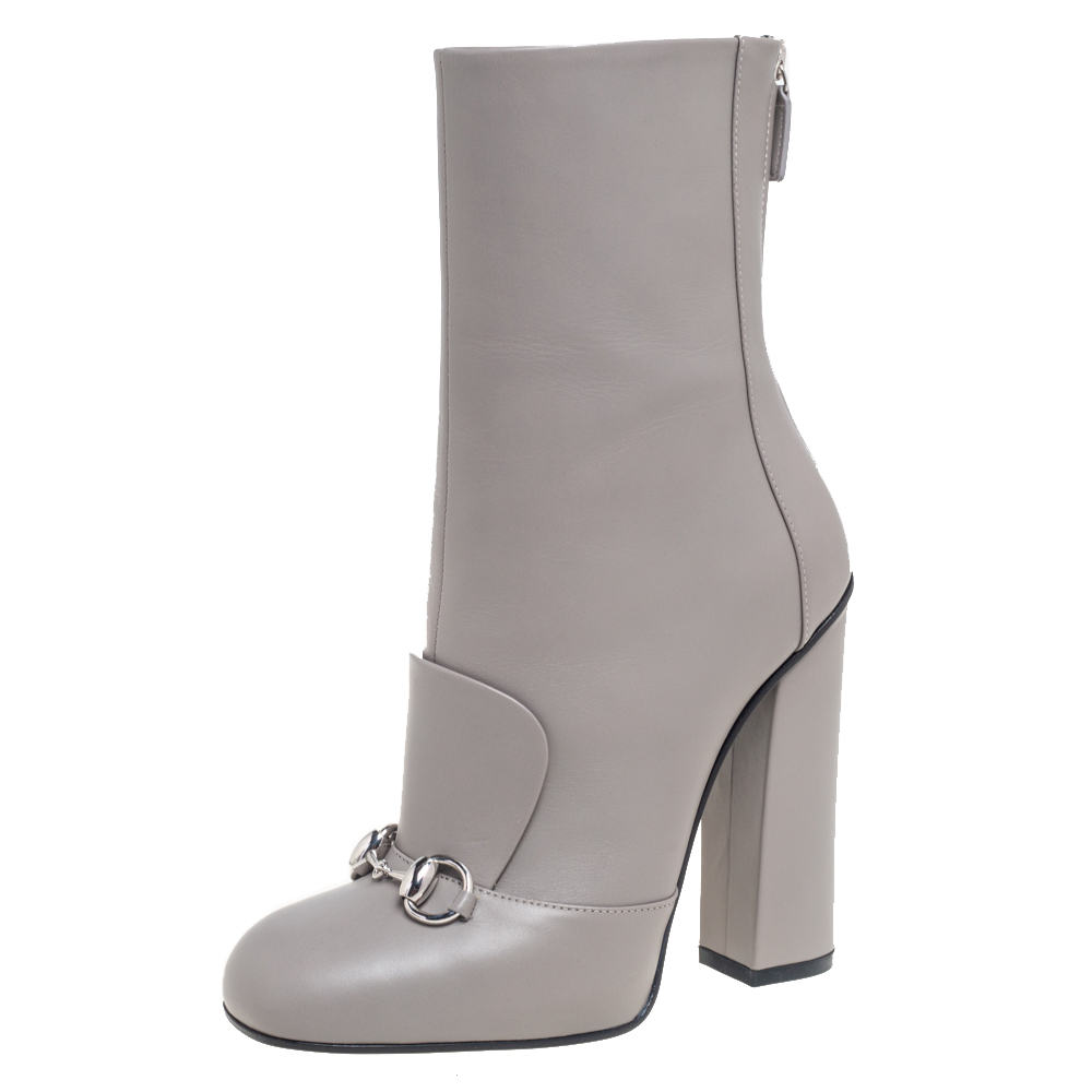 Pre-owned Gucci Grey Leather Horsebit Detail Ankle Boots Size 36.5