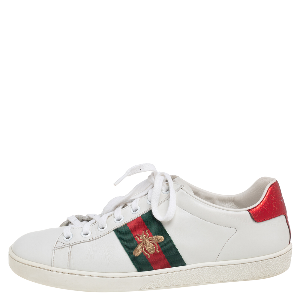 

Gucci White Leather Embroidered Bee Ace Low Top Sneakers Size