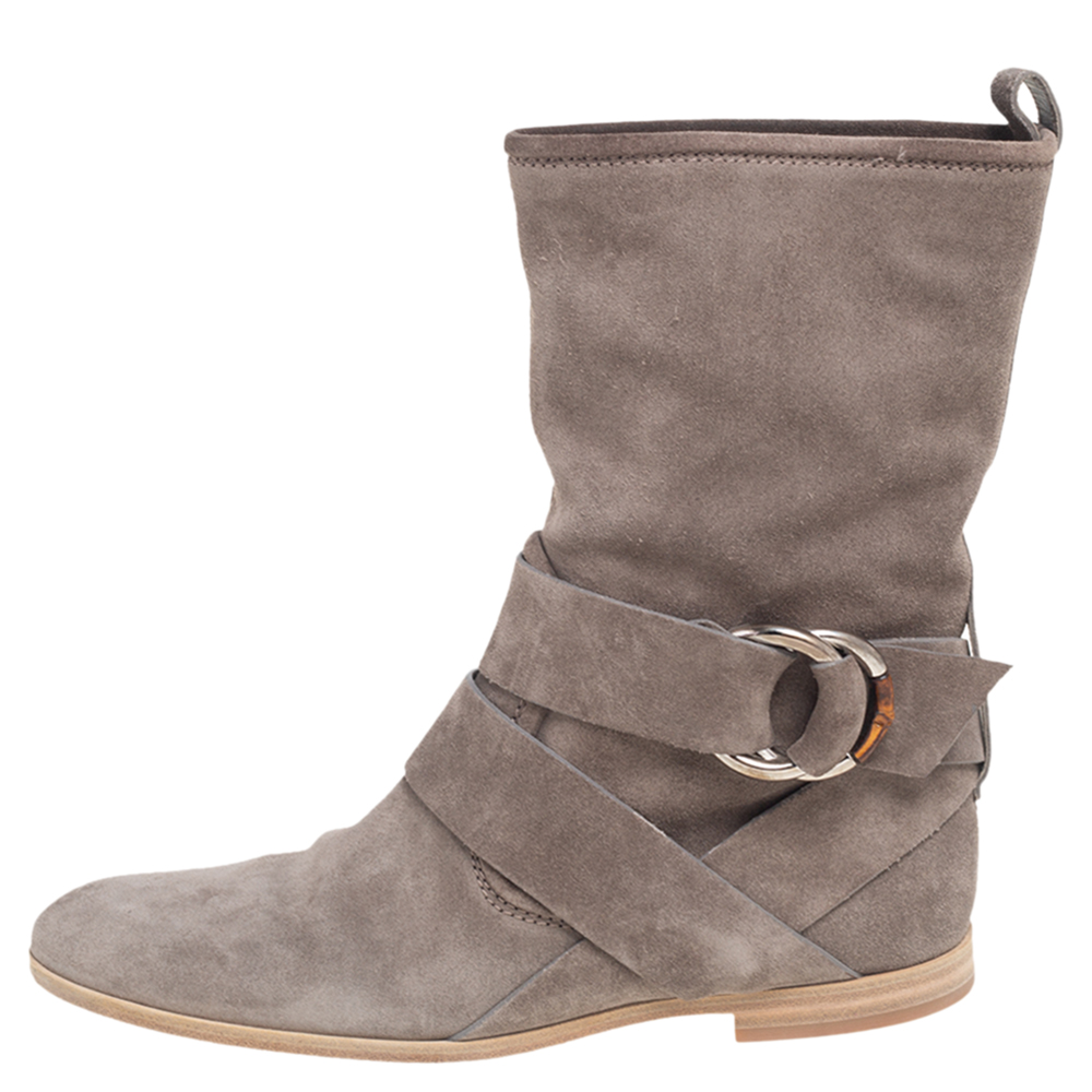 

Gucci Grey Suede Mid Calf Bamboo Ring Boots Size