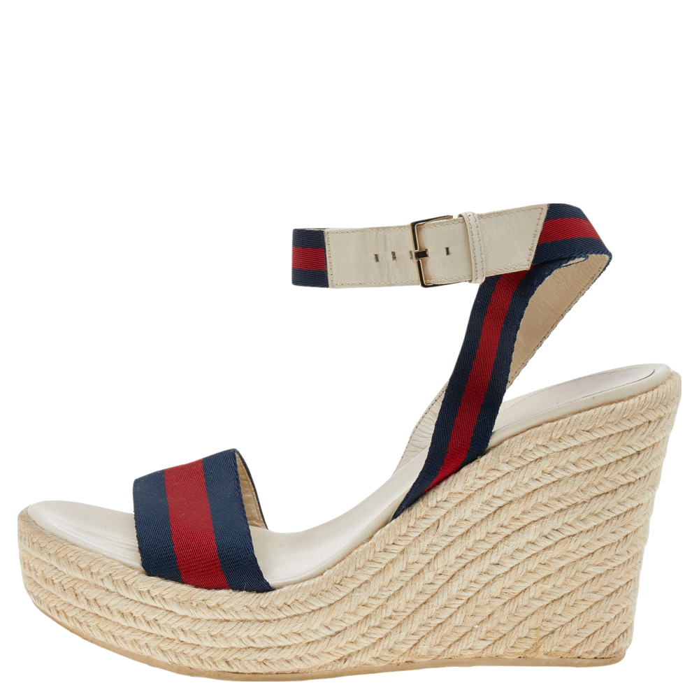 

Gucci Multicolor Web and Leather Espadrille Wedge Sandals Size