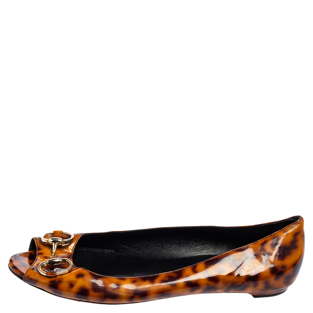 

Gucci Brown Leopard Print Patent Leather Horsebit Ballet Flats Size, Beige