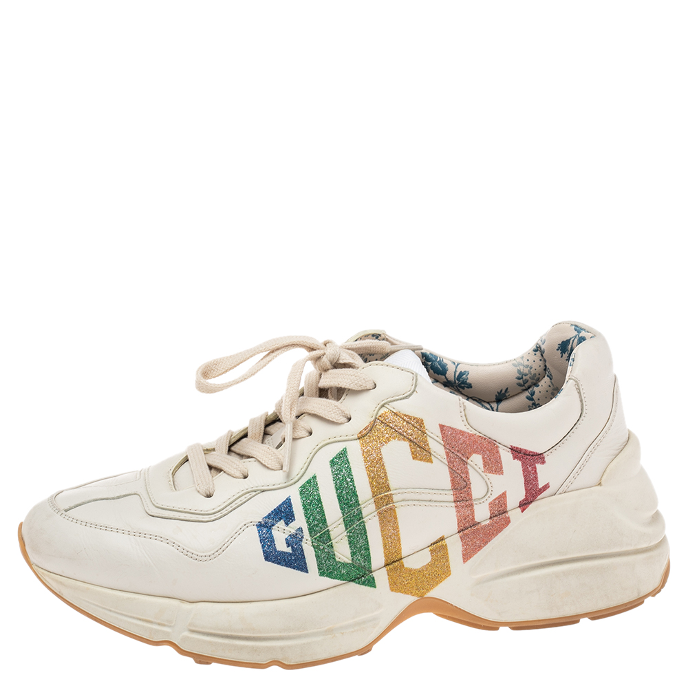 

Gucci Beige Leather Glitter Rhyton Lace Up Sneakers Size