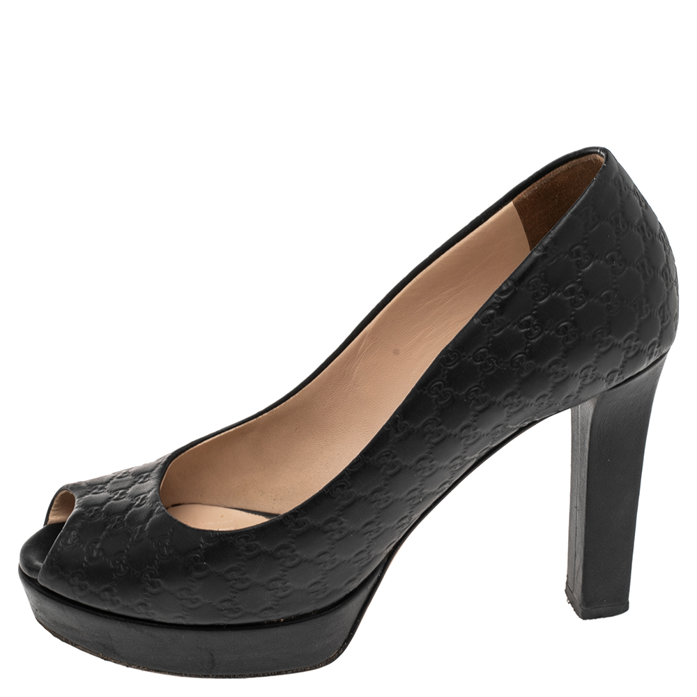 

Gucci Black Guccissima Leather GG Peep Toe Platform Pumps Size