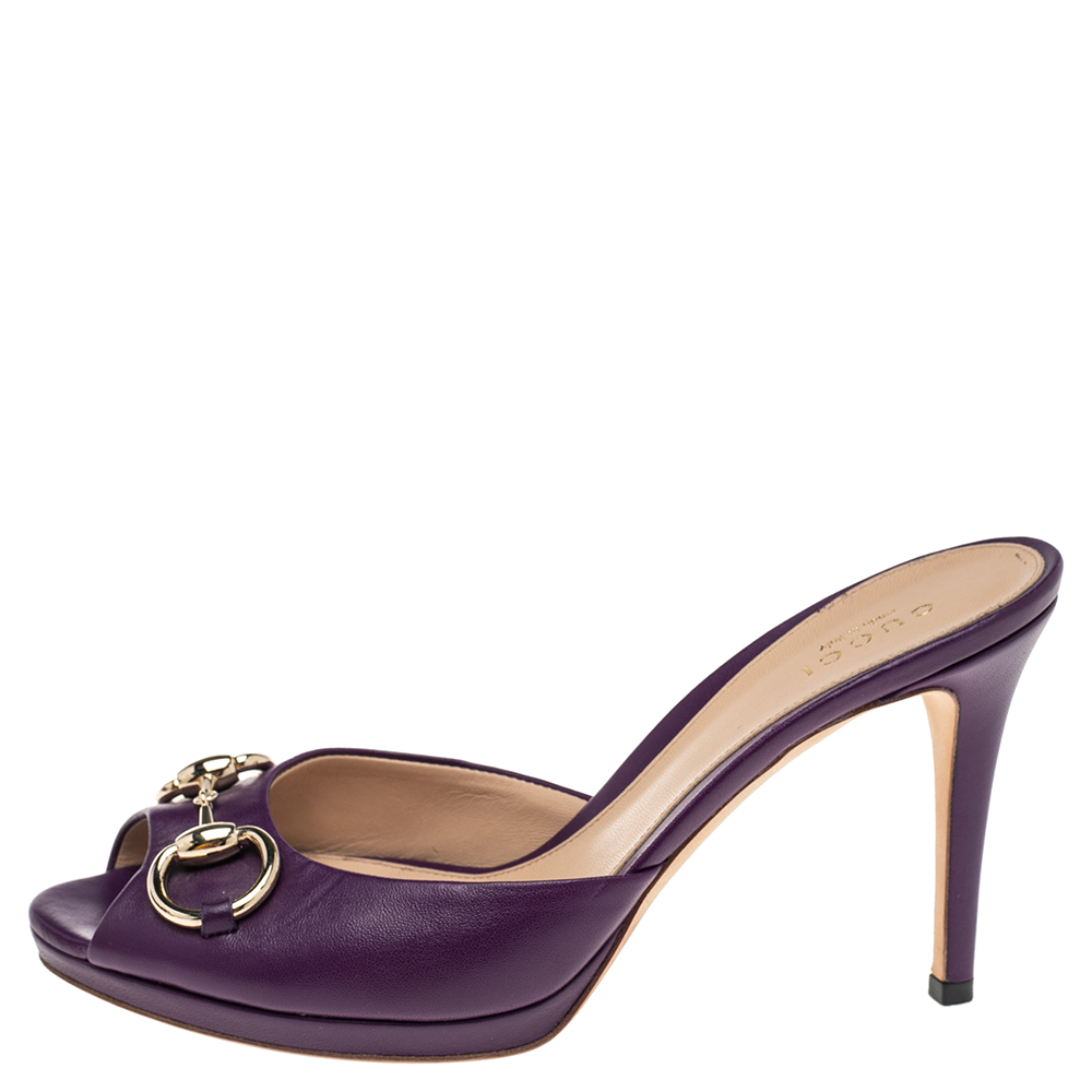 

Gucci Purple Leather Horsebit Peep Toe Slide Sandals Size