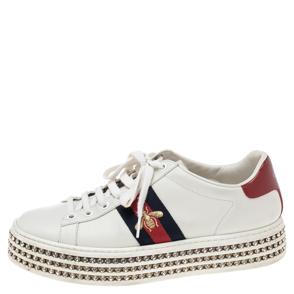 

Gucci White Leather And Bee Web Detail New Ace Crystal Embellished Platform Sneakers Size