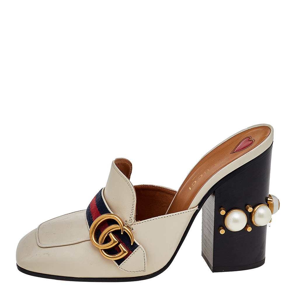 

Gucci Cream Leather Peyton GG Web Detail Pearl Studded Mules Size