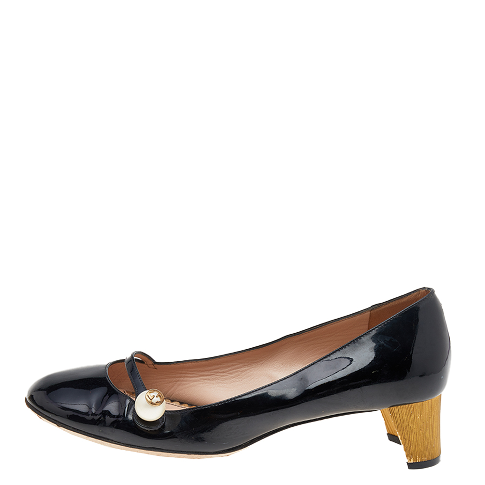 

Gucci Black Patent Leather Pearl Embellished Block Heel Pumps Size