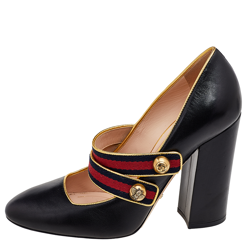 

Gucci Black/Gold Leather Carly Web Mary Jane Pumps Size