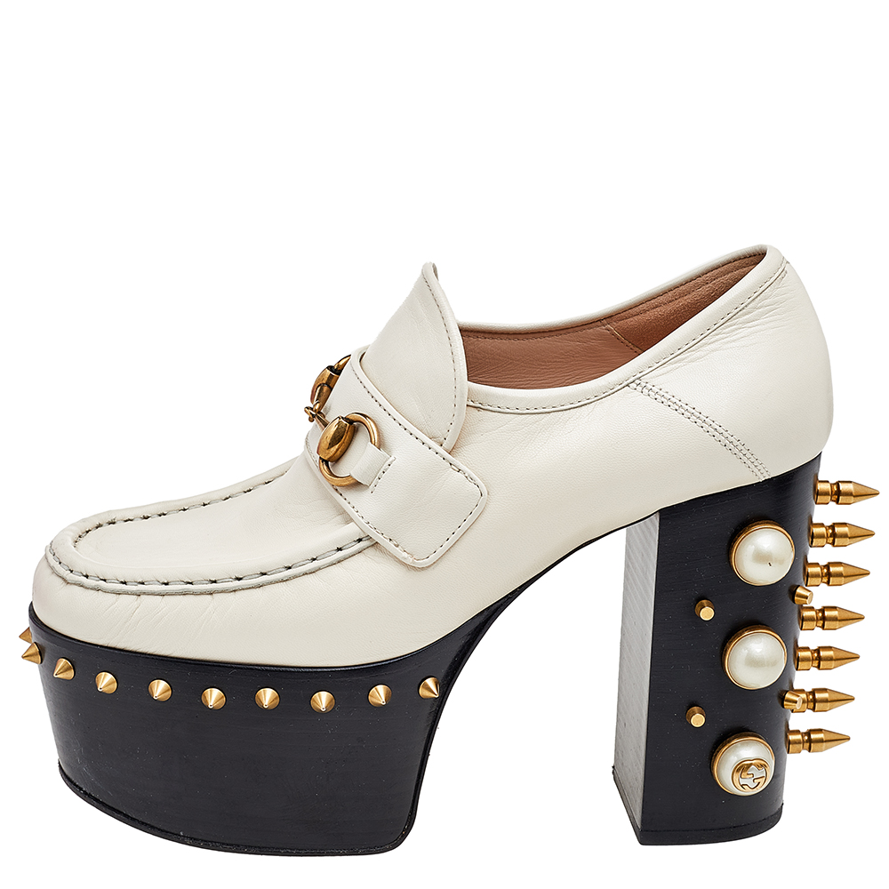 

Gucci White Leather Vegas Spiked Pearl Spiked Platform Loafers Pumps Size