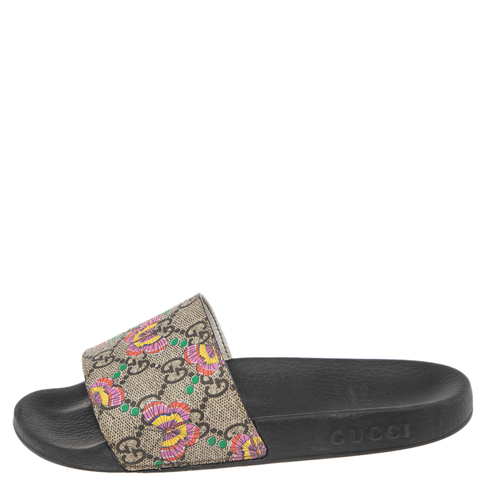 

Gucci Beige Butterfly Print GG Supreme Canvas Slide Flat Sandals Size