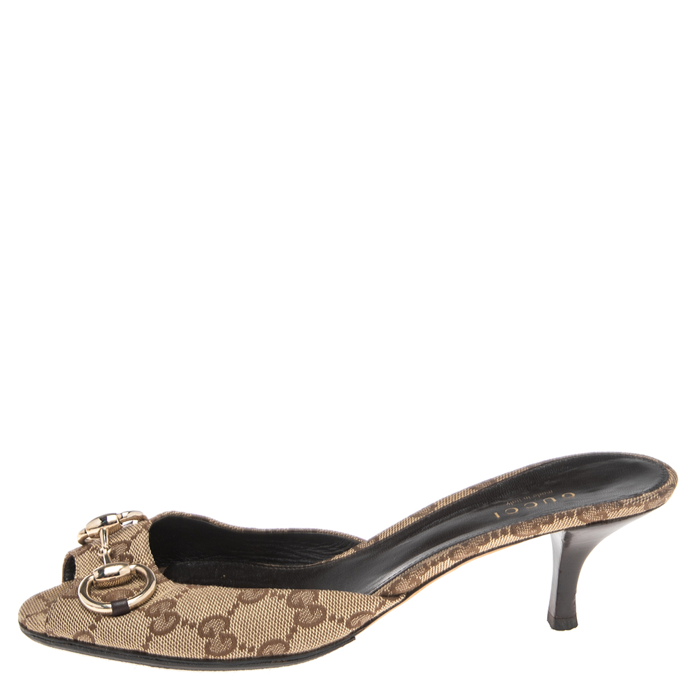 

Gucci Beige/Brown GG Canvas Horsebit Slide Sandals Size