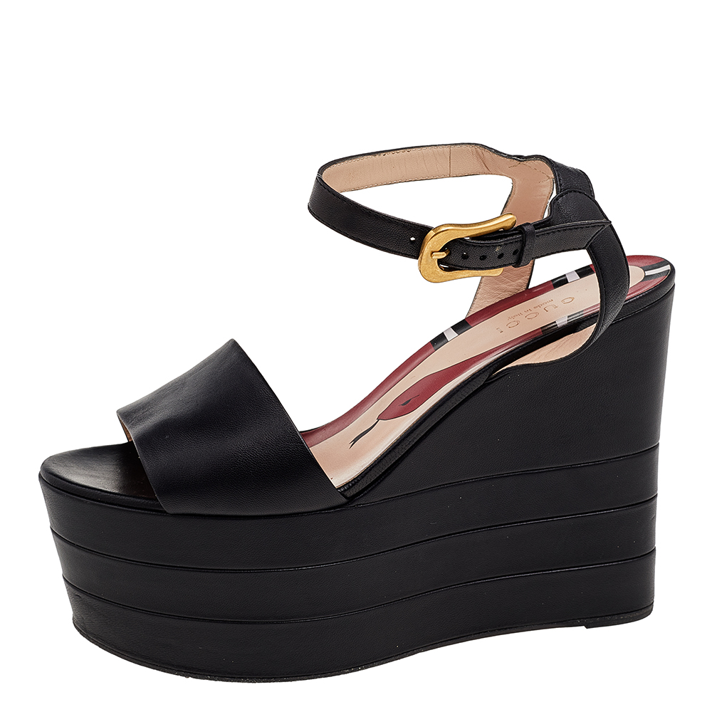 

Gucci Black Leather Sally Wedge Platform Ankle Strap Sandals Size