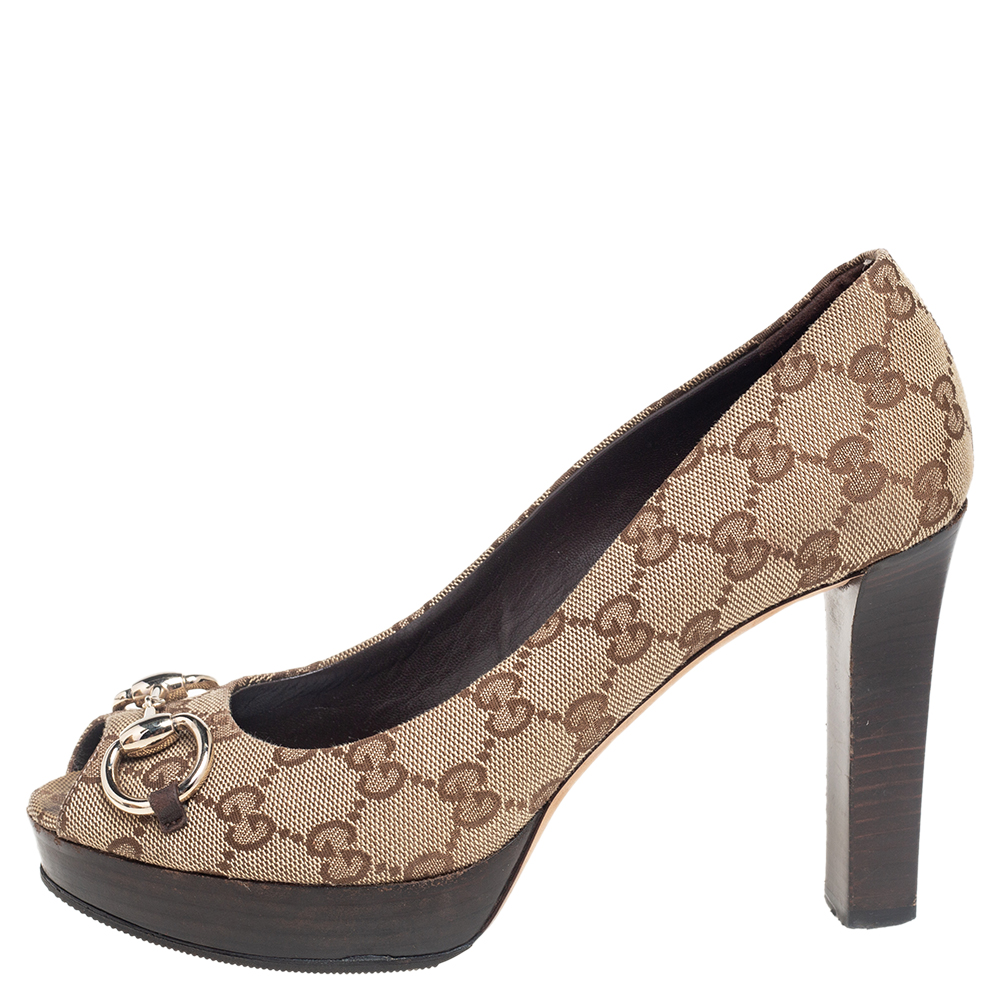 

Gucci Brown/Beige GG Canvas New Hollywood Horsebit Peep Toe Pumps Size