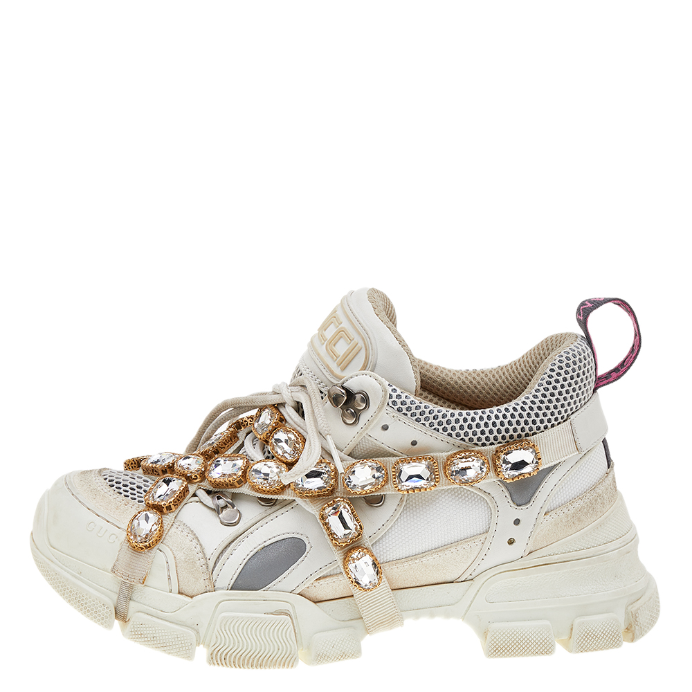 

Gucci White Leather And Mesh Flashtrek Embellished Low To Sneakers Size