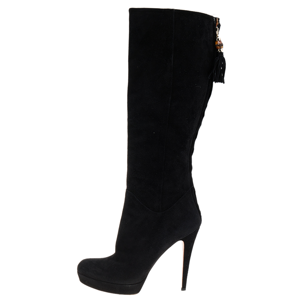 

Gucci Black Suede Bamboo Tassel Knee Length Platform Boots Size