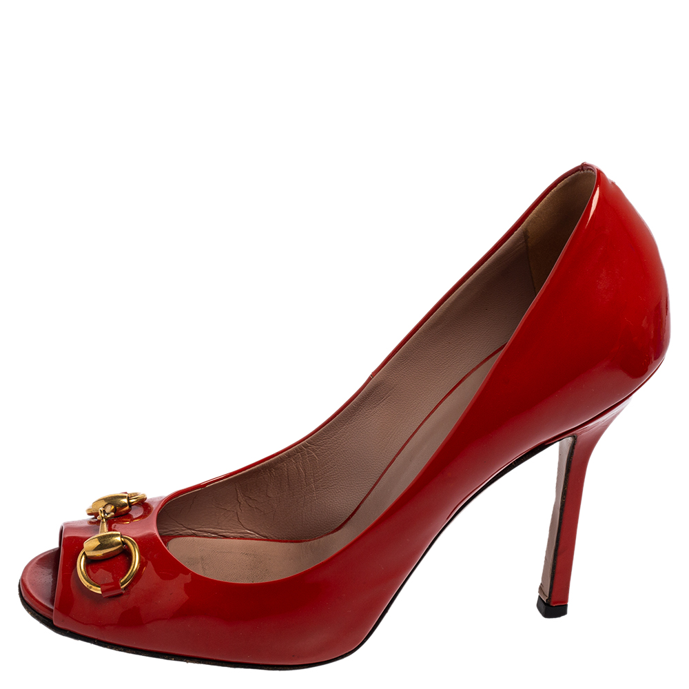 

Gucci Red Patent Leather Horsebit Peep-toe Pumps Size