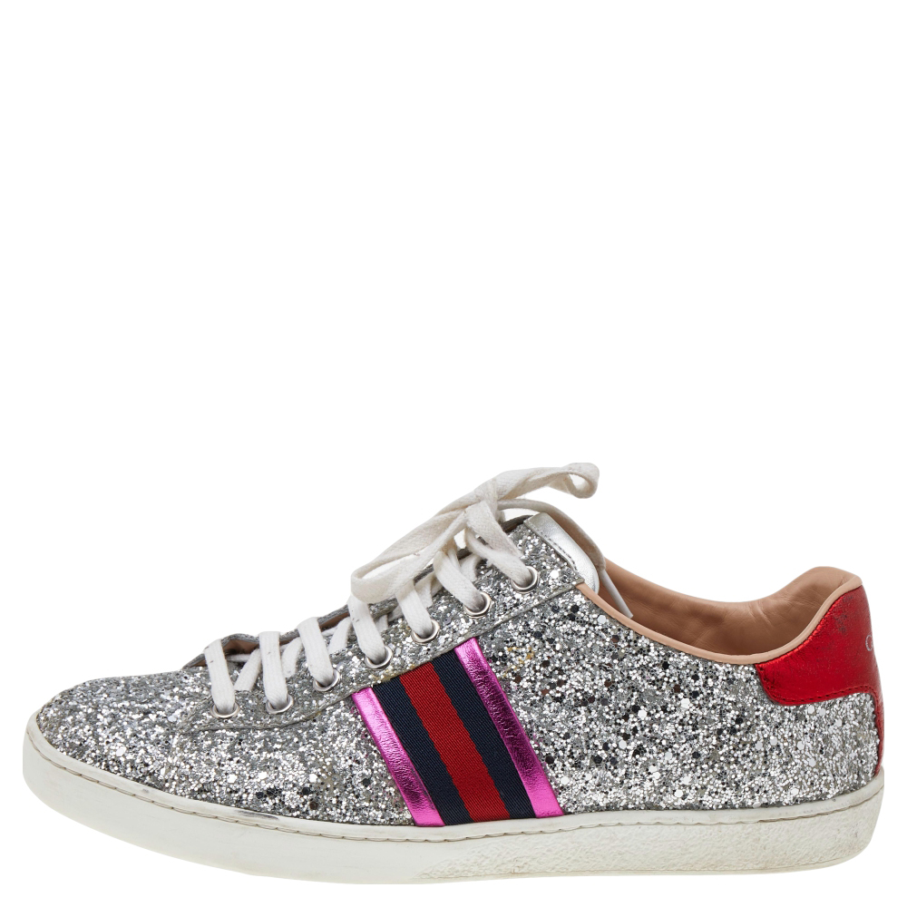 

Gucci Silver Glitter And Leather Ace Web Low-top Sneakers Size