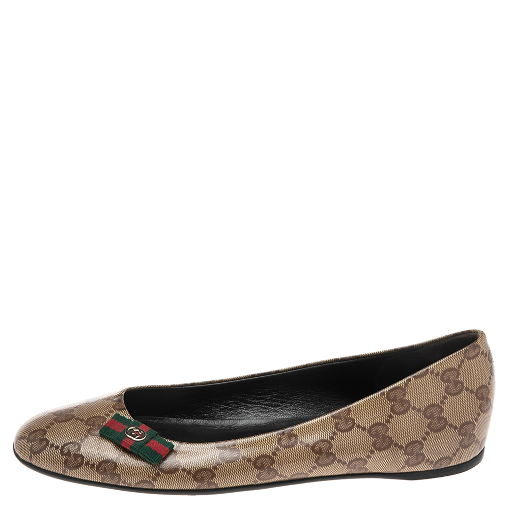 

Gucci Beige GG Crystal Canvas Mayfair Web Bow Detail Ballet Flats Size