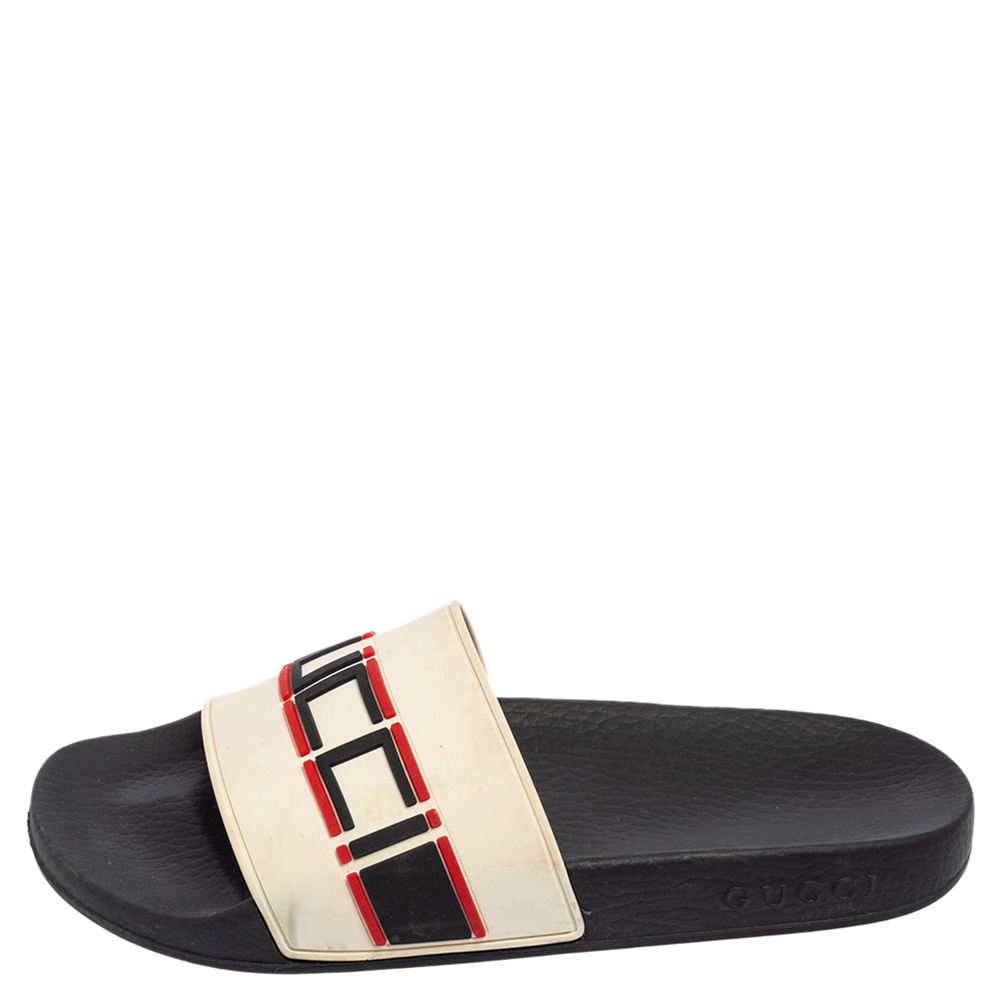 

Gucci White Rubber Logo Pool Slide Sandals Size