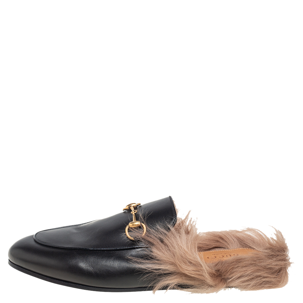 

Gucci Black Leather and Fur Princetown Mules Size