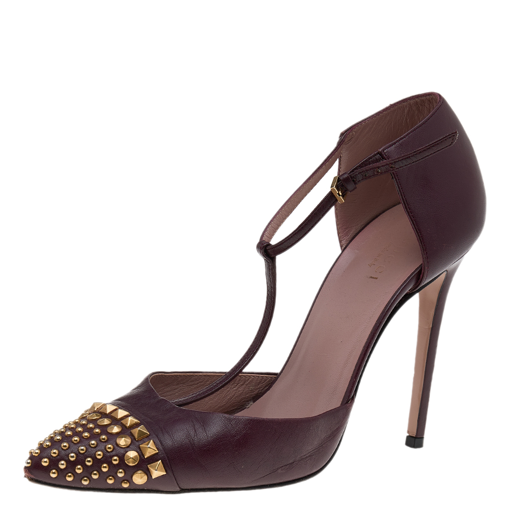 

Gucci Burgundy Leather Coline Studded T Strap Pumps Size