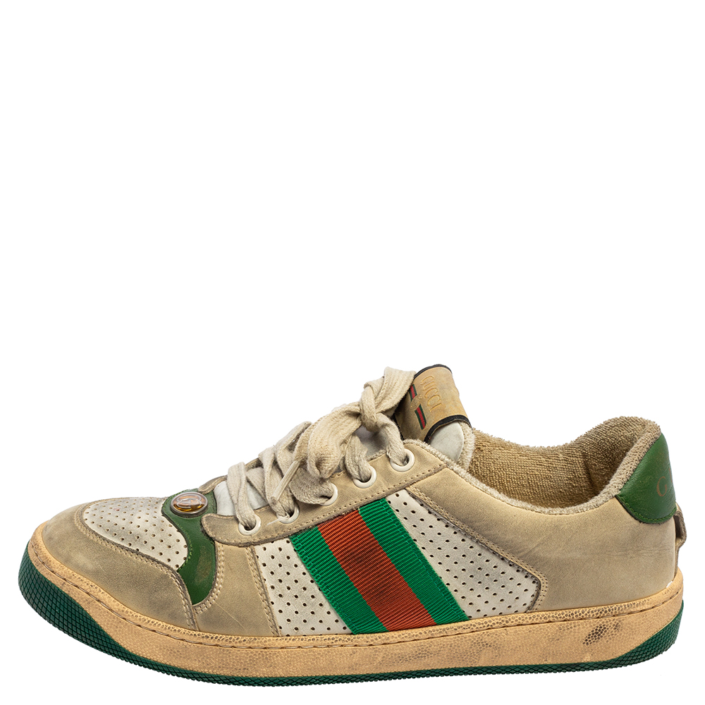 

Gucci Beige/Green Perforated Leather and Nubuck Leather Screener Low Top Sneakers Size